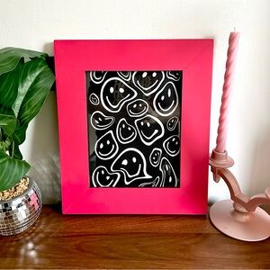 Melted Smiley Faces Trippy Black & White Canvas Print Hot Pink Framed Wall Art